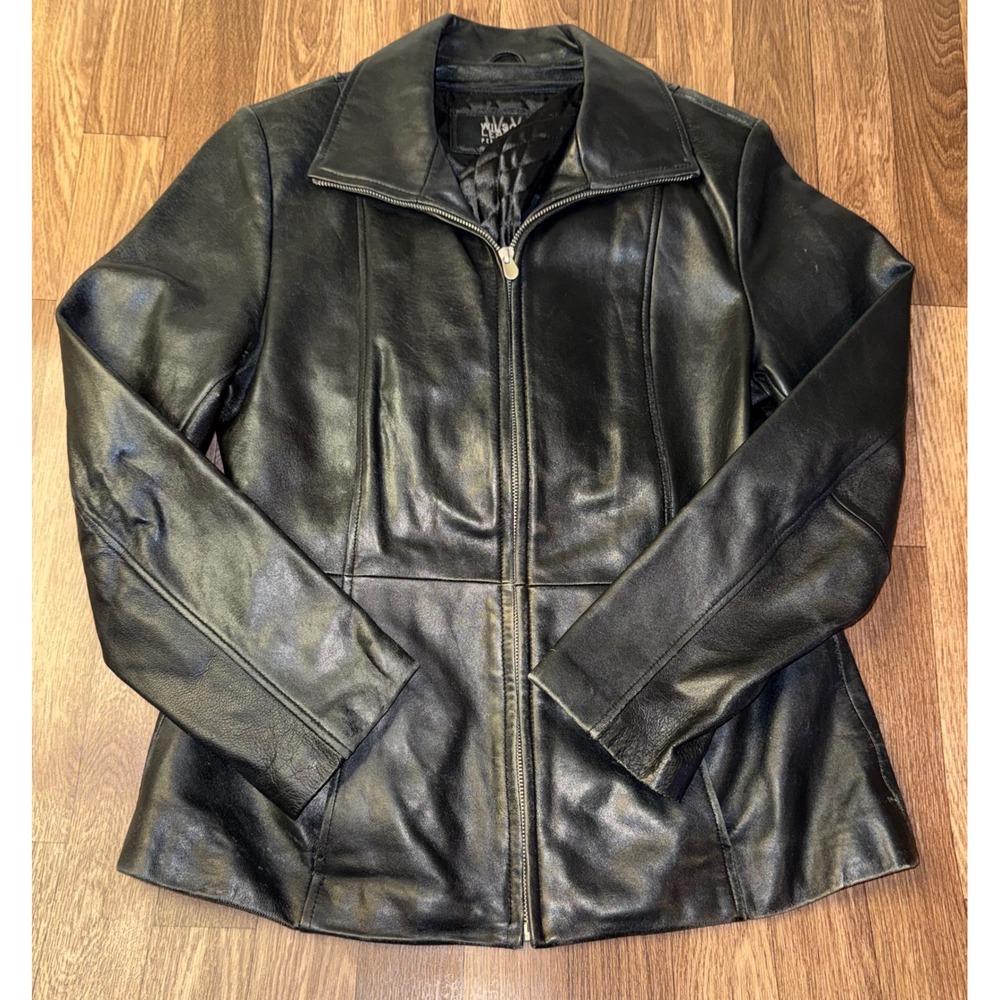 Wilsons Leather Pelle Studio Black Leather Zip Up Quilted Lined Jacket Womens M